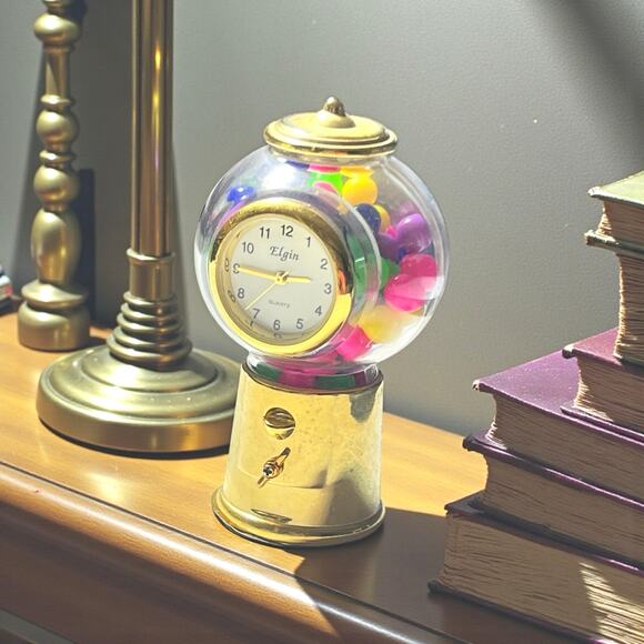 Elgin Mini Gumball Machine Clock Gold Tone Quartz Novelty Collectible Display - Picture 1 of 11